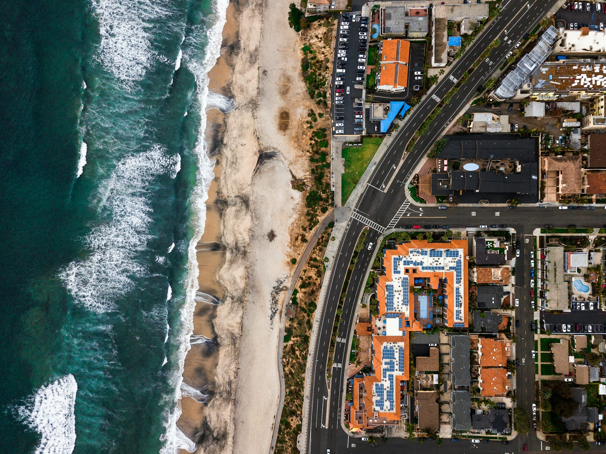 Aerial view of the North County San Diego coastline and coastal neighborhoods